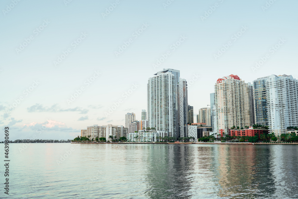 Brickell skyline sea Miami Florida sunrise reflections buildings skyscrapers 