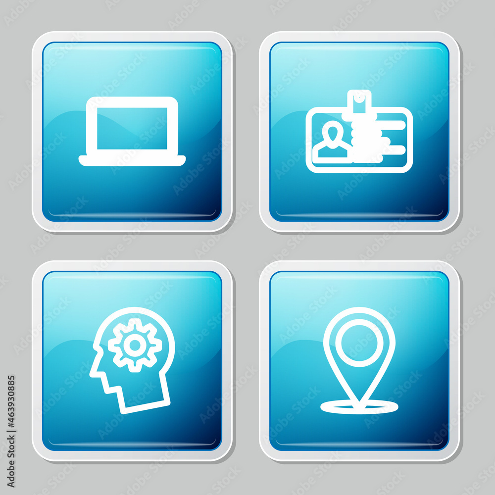 Set line Laptop, Identification badge, Human head with gear inside and Map pin icon. Vector Set line Laptop, Identification badge, Human head with gear inside and Map pin icon. Vector