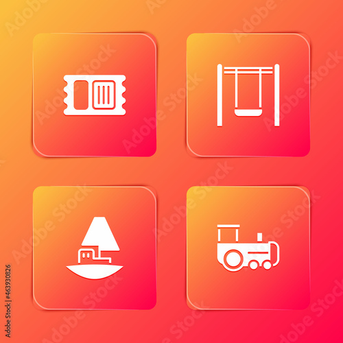 Set Circus ticket, Swing, Toy boat and train icon. Vector