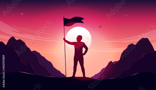 Victory - Silhouette of man holding flag on top with mountain range in background. Motivational winner and triumph concept. Vector illustration