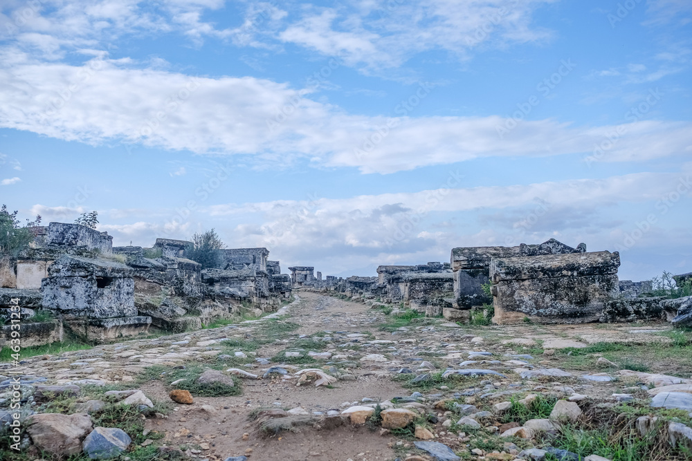 Title: Roman gladiator tombs found in ancient city ruins of Hierapolis, Pamukkale, Denizli, Turkey