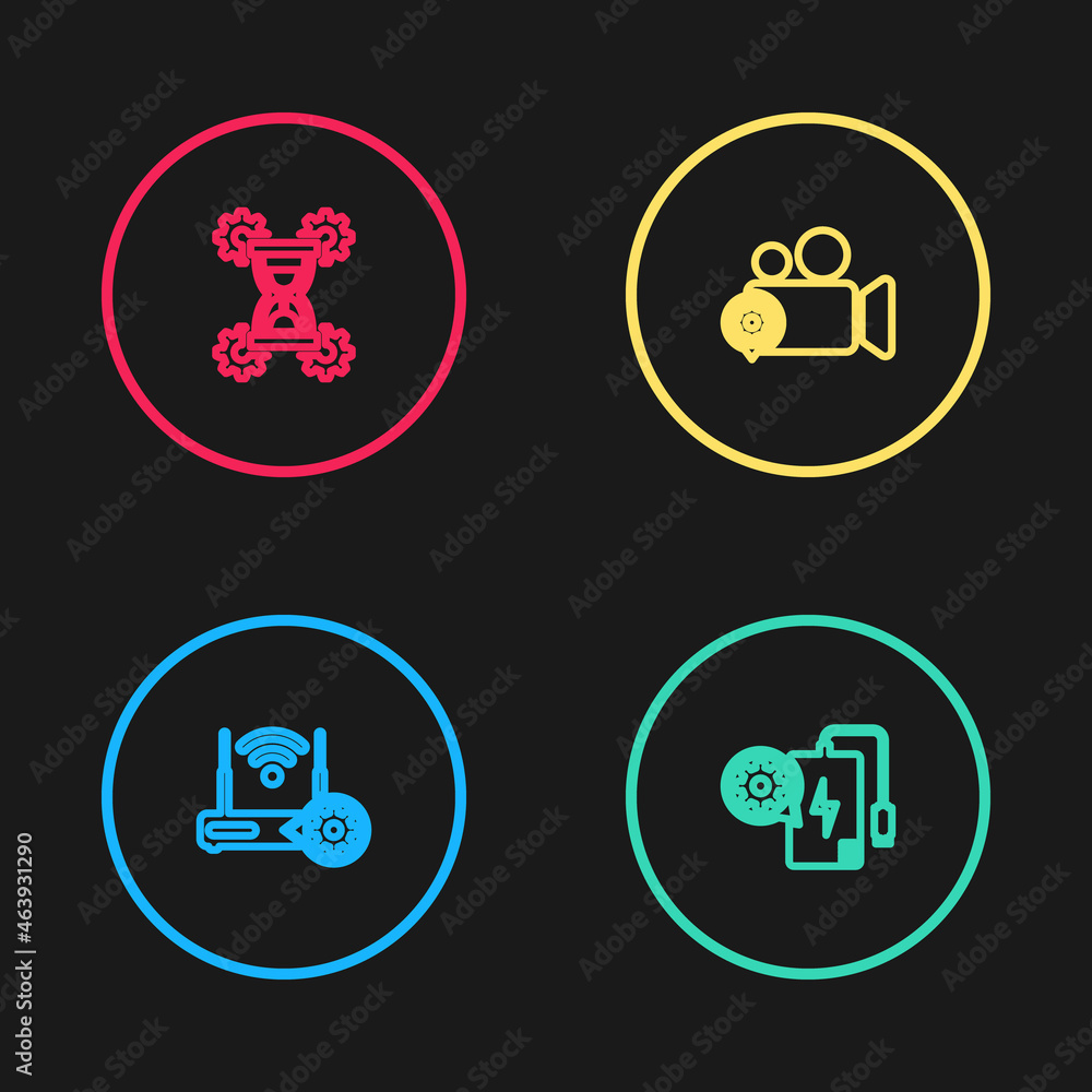 Set line Router and wi-fi setting, Power bank, Video camera and Hourglass icon. Vector Set line Router and wi-fi setting, Power bank, Video camera and Hourglass icon. Vector