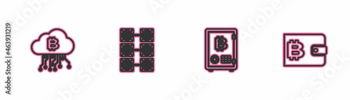 Set line Cryptocurrency cloud mining, Proof of stake, Mining farm and wallet icon. Vector