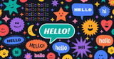 Cool Trendy Abstract Background with Stickers, Pins, Patches and Badges. Hello Banner Vector Illustration. Funny Comic Emoji Shapes. Cool Cute Faces.