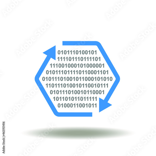 Vector illustration of hexagon outline with arrows cycle and digital numbers 0 1. Symbol of EDI Electronic Data Interchange. Icon of digital electronic data processing technology.