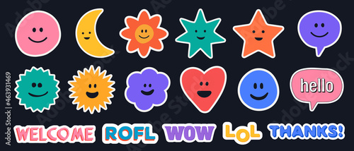 Set of Various Stickers, Pins and Patches. Abstract funny cute emoticon faces collection. Cartoon Vector Illustration. Cool Trendy Phrases.