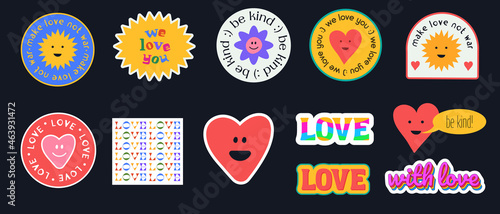 Set of Cute Stickers, Pinks, Patches and Labels. Cool Trendy Abstract Funny Comic Faces. Love lettering.