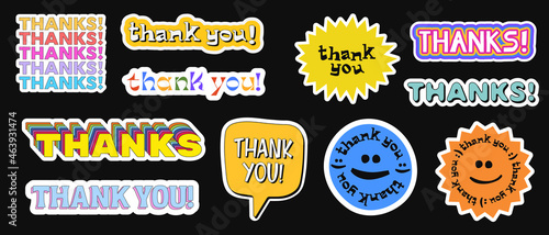 Thank You Abstract Hipster Cool Trendy Patches, Pins, Stickers and Badges. Thanks lettering illustration vector design.