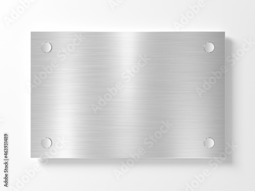 Blank metal nameplate isolated on white wall. Signage plate. Empty. Stainless steel. 3d illustration.