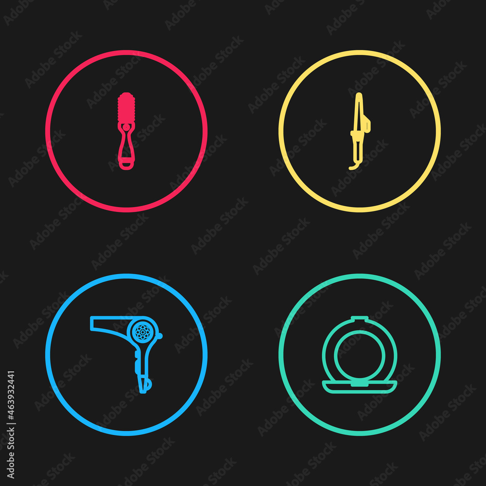 Set line Hair dryer, Makeup powder with mirror, Curling iron and Hairbrush icon. Vector Set line Hair dryer, Makeup powder with mirror, Curling iron and Hairbrush icon. Vector