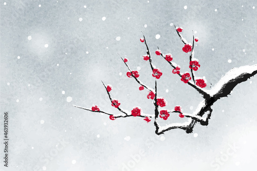 雪梅の墨絵　ベクターイラスト
