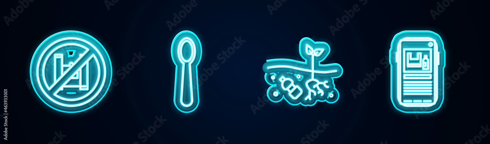 Set line Say no to plastic bags poster, Disposable spoon, Problem of pollution planet and Stop. Glowing neon icon. Vector Set line Say no to plastic bags poster, Disposable spoon, Problem of pollution planet and Stop. Glowing neon icon. Vector