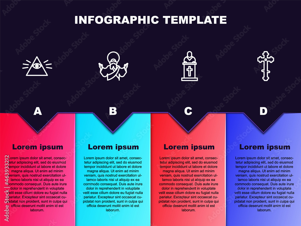 Set line Masons, Jesus Christ, Church pastor preaching and Christian cross. Business infographic template. Vector