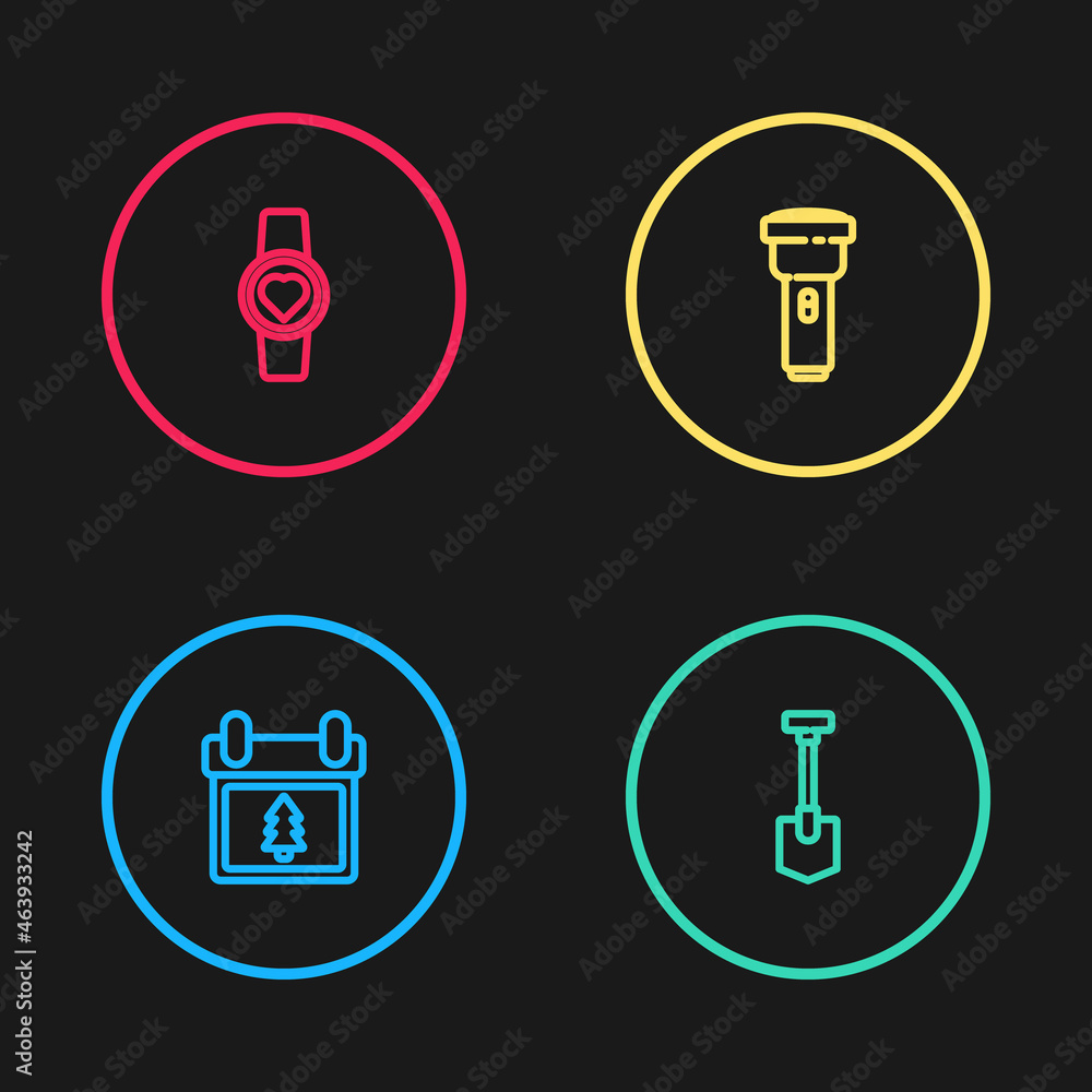 Set line Calendar with tree, Shovel, Flashlight and Smart watch showing heart beat rate icon. Vector Set line Calendar with tree, Shovel, Flashlight and Smart watch showing heart beat rate icon. Vector