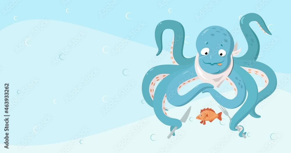 Cute blue octopus is going to eat fish. Meal concept. Animation of breakfast, lunch or dinner. Cute blue octopus is going to eat fish. Meal concept. Animation of breakfast, lunch or dinner.