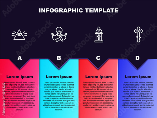 Set line Masons, Jesus Christ, Church pastor preaching and Christian cross. Business infographic template. Vector