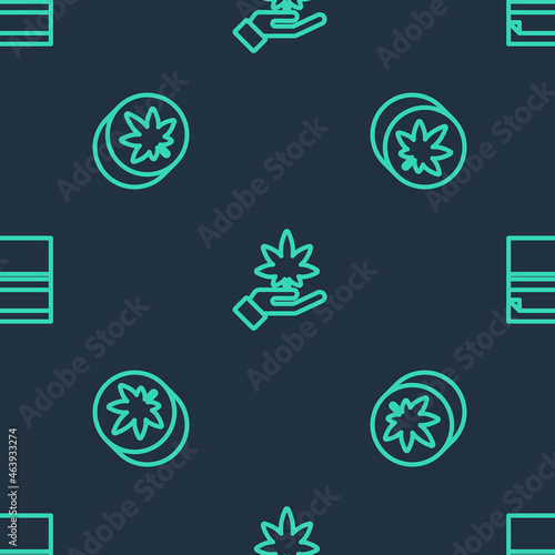 Set line Marijuana or cannabis leaf, Herbal ecstasy tablets and Rolling paper on seamless pattern. Vector