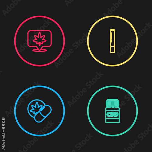 Set line Herbal ecstasy tablets, Medical bottle with cannabis, Marijuana joint and Location and icon. Vector