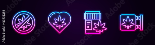 Set line Stop marijuana or cannabis leaf, Marijuana in heart, Medical bottle with and and store. Glowing neon icon. Vector