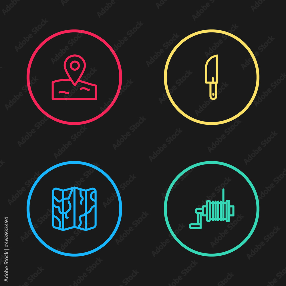 Set line Folded map, Spinning reel for fishing, Knife and Location icon. Vector Set line Folded map, Spinning reel for fishing, Knife and Location icon. Vector