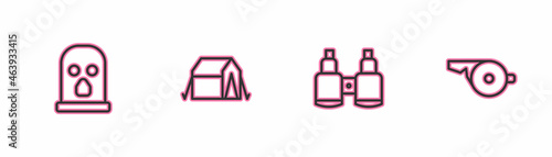 Set line Balaclava, Binoculars, Tourist tent and Whistle icon. Vector