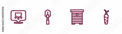 Set line Udder, Hive for bees, Shovel and Carrot icon. Vector
