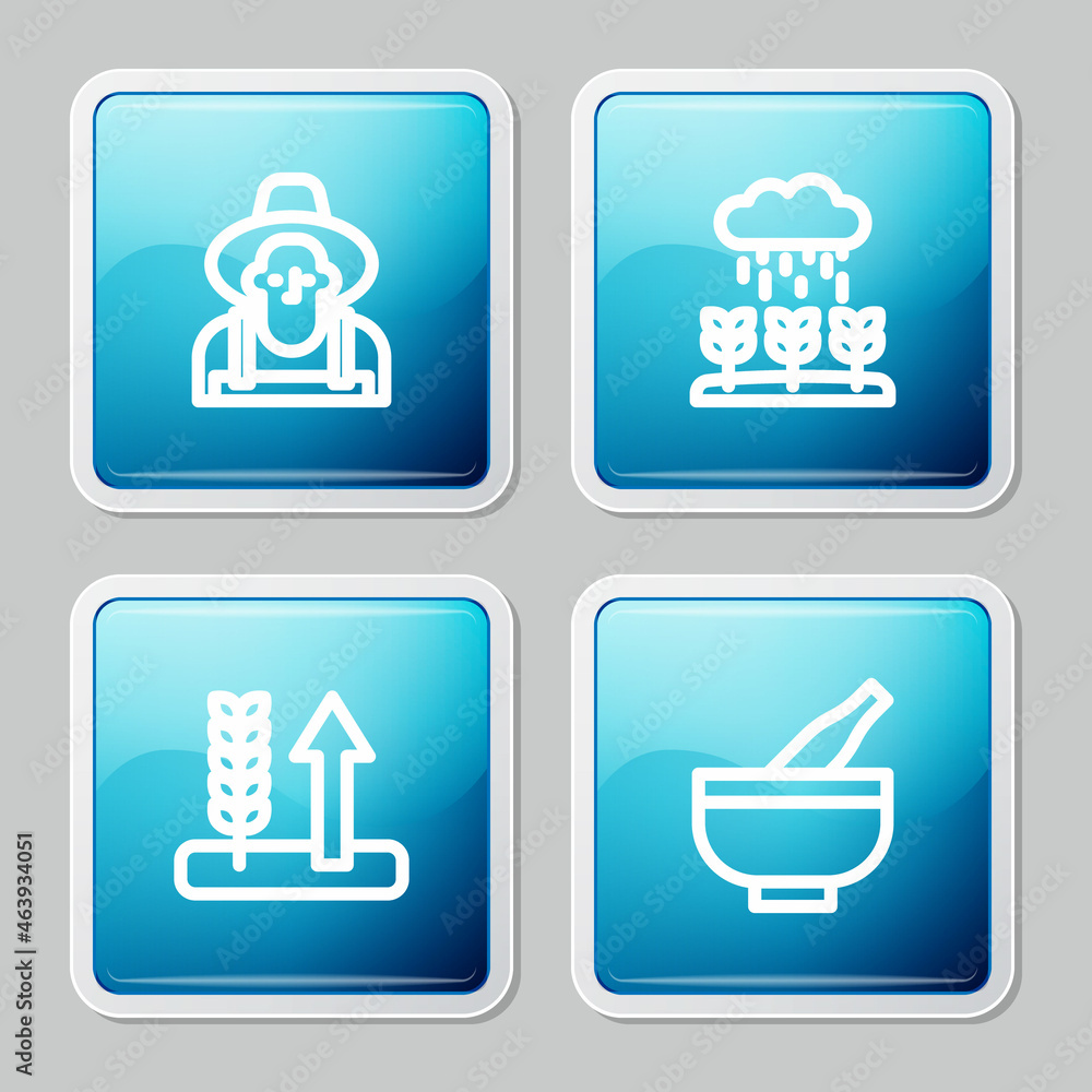 Set line Farmer in the hat, Plant sprouts grow rain, Wheat and Mortar and pestle icon. Vector Set line Farmer in the hat, Plant sprouts grow rain, Wheat and Mortar and pestle icon. Vector