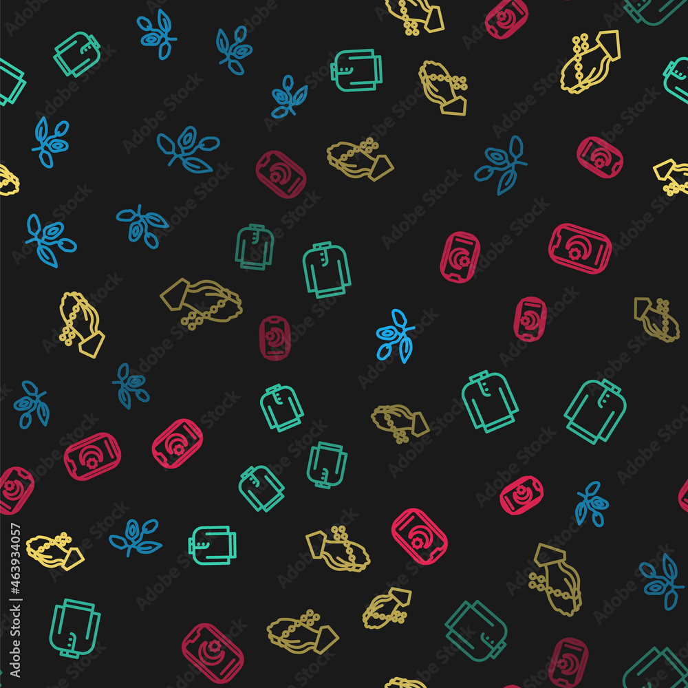 Set line Date fruit, Shirt kurta, Hands in praying position and Star crescent on seamless pattern. Vector Set line Date fruit, Shirt kurta, Hands in praying position and Star crescent on seamless pattern. Vector