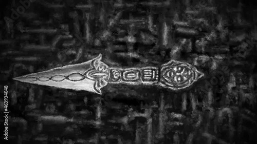 Horror 2D animation collection. Ritual dagger Phurba, wind horse, Tibetan masks, dark mountain where gods live. For titles, intros, motion graphics, movies and video clips. Black and white background. photo