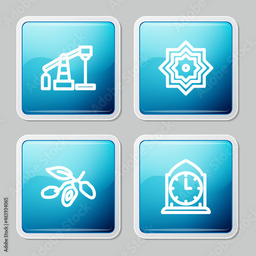 Set line Oil pump or pump jack, Octagonal star, Date fruit and Clock icon. Vector