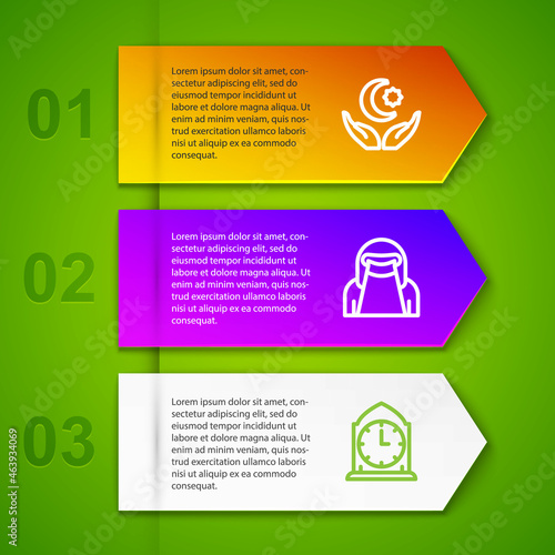 Set line Star and crescent, Muslim woman in niqab and Clock. Business infographic template. Vector