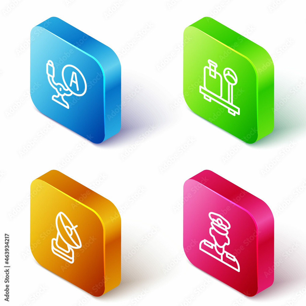 Set Isometric line Aircraft steering helm, Scale with suitcase, Radar and Pilot icon. Vector Set Isometric line Aircraft steering helm, Scale with suitcase, Radar and Pilot icon. Vector