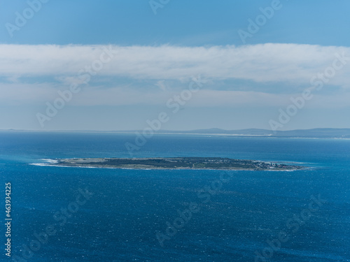 Aerial shot of robin island in the Atlantic ocean in Cape Town