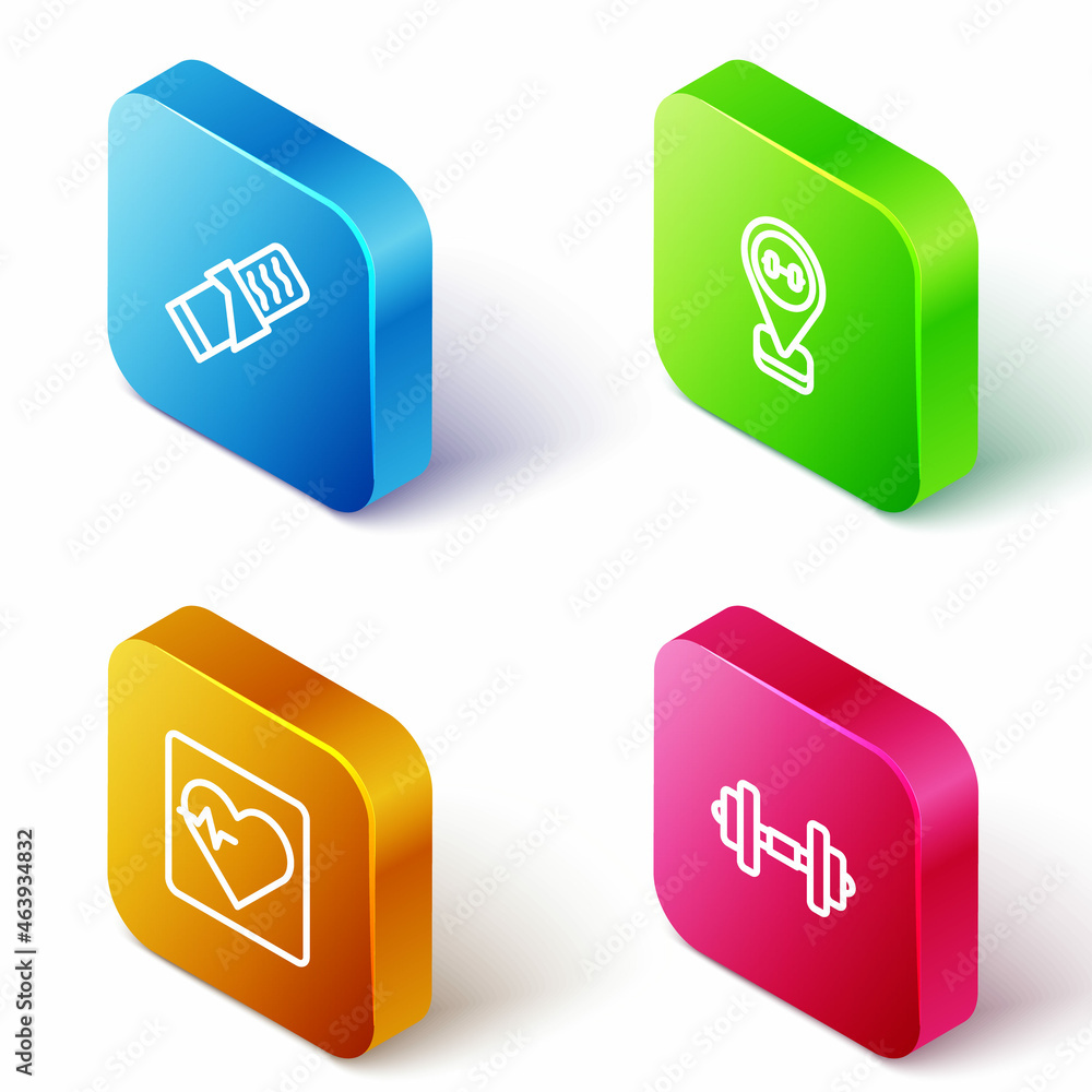 Set Isometric line Protein sport bar, Location gym, Heart rate and Dumbbell icon. Vector Set Isometric line Protein sport bar, Location gym, Heart rate and Dumbbell icon. Vector