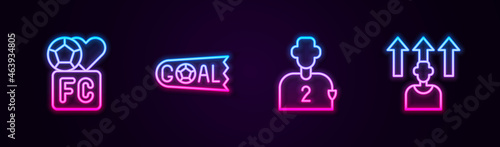 Set line Fan club football, Goal soccer, Football or player and . Glowing neon icon. Vector