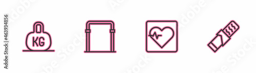 Set line Weight, Heart rate, Sport horizontal bar and Protein sport icon. Vector