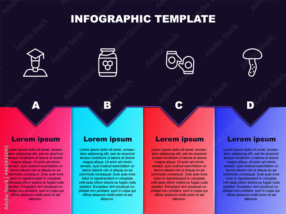 Set line Graduate and graduation cap, Jar of honey, Christmas mitten and Mushroom. Business infographic template. Vector Set line Graduate and graduation cap, Jar of honey, Christmas mitten and Mushroom. Business infographic template. Vector