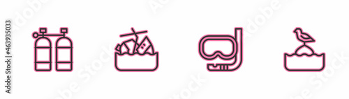 Set line Aqualung, Diving mask and snorkel, Sinking cruise ship and Seagull sits on buoy icon. Vector