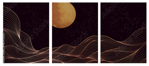 Oriental background with gold patterned lines. Art image with waves, starry sky and moon on a black background. photo