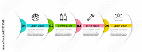 Set line Radar with targets, Aqualung, Spyglass telescope lens and Lighthouse. Business infographic template. Vector