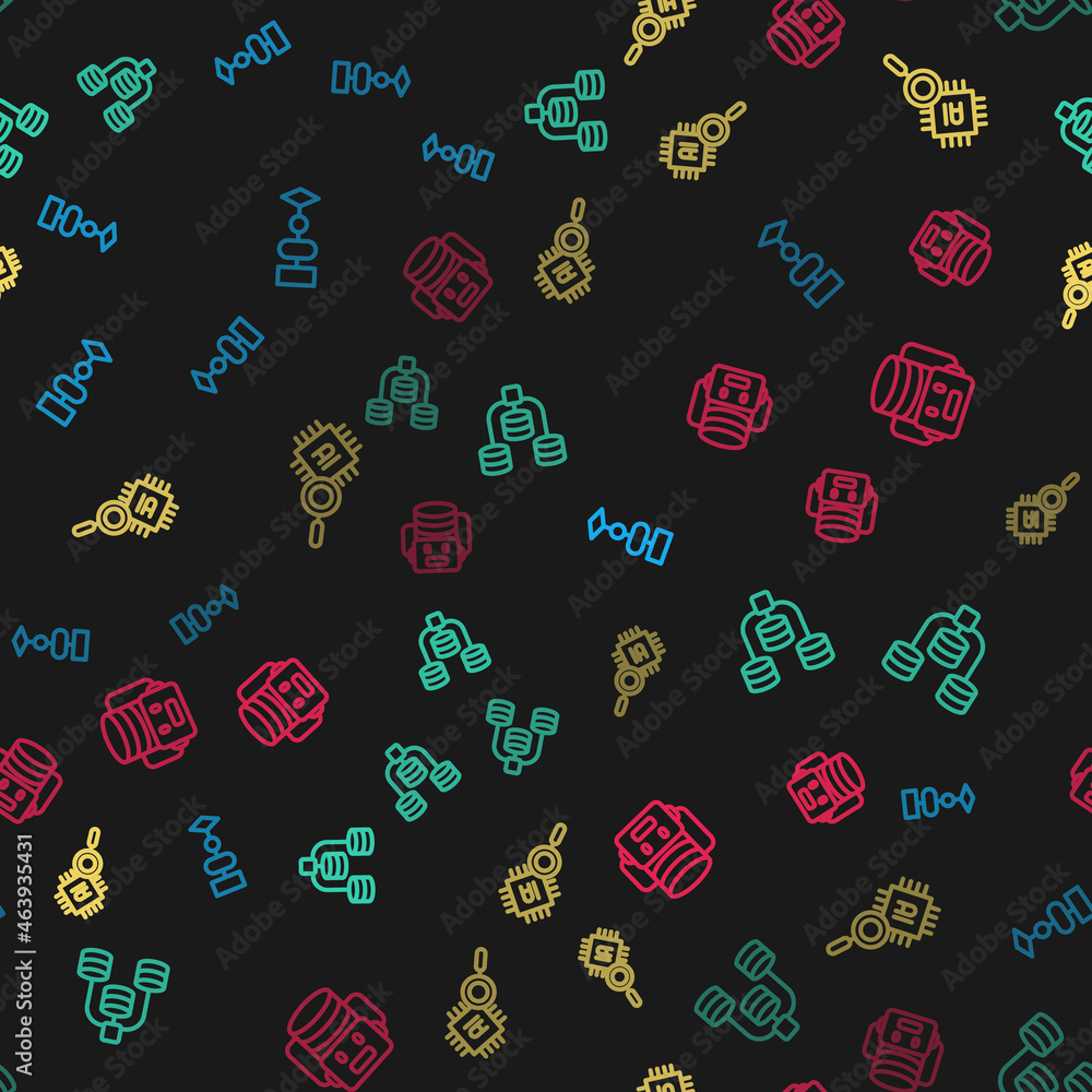 Naklejka premium Set line Algorithm, Server, Data, Processor CPU and Artificial intelligence robot on seamless pattern. Vector