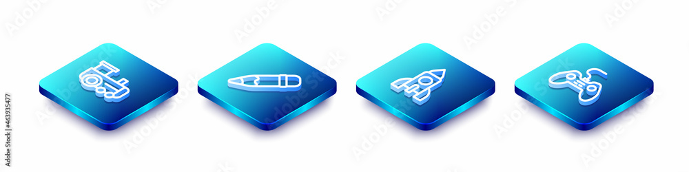 Set Isometric line Toy train, Pencil with eraser, Rocket ship toy and Gamepad icon. Vector Set Isometric line Toy train, Pencil with eraser, Rocket ship toy and Gamepad icon. Vector
