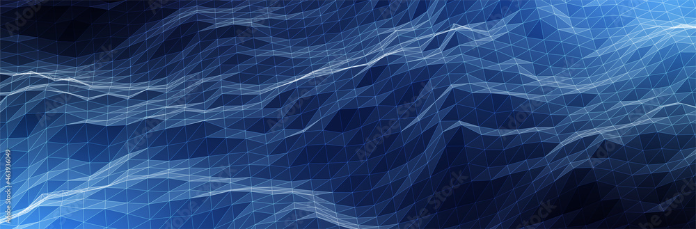Abstract Blue Background. Dark low poly triangle pattern. Virtual computer Landscape. Technology style. Sci-fi surface. Banner or presentation template. Vector illustration Abstract Blue Background. Dark low poly triangle pattern. Virtual computer Landscape. Technology style. Sci-fi surface. Banner or presentation template. Vector illustration