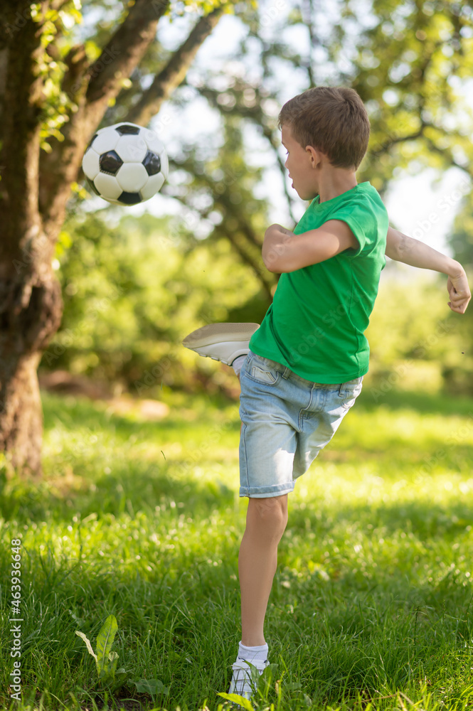 Energetic boy kicking soccer ball back. Energetic boy kicking soccer ball back.
