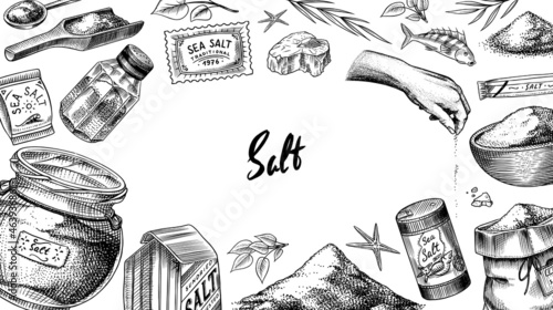 Sea salt poster or banner. Glass bottles, packaging and and leaves, wooden spoons, powdered powder, spice in the hand. Vintage background. Engraved hand drawn sketch.