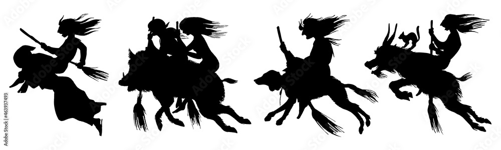 Witch flies with a broom and a dog, a goat and a boar. Ancient mythical Magic silhouette. Engraved monochrome sketch. Hand drawn vintage old Fortune illustration.