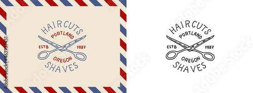Scissors and ribbon. Barber shop badge and label, logo and hipster emblems. Haircut of beard and mustache. Shears or snip. Tools for man icon. Engraved hand drawn in old vintage sketch.