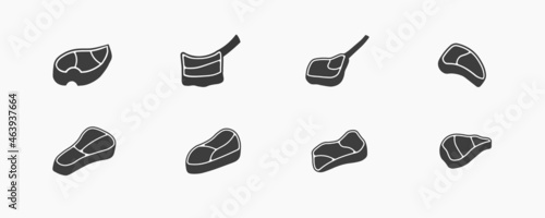 Set of steak icons. Porterhouse, ribeye, tomahawk, strip, sirloin steaks isolated on white background. Steakhouse-related icons. Vector illustration