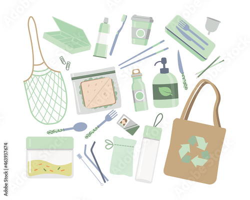 Zero waste items. Set of durable and reusable items: eco grocery bags, nonplastic cutlery, toothbrush, glass jar, cup, bottles. Sustainable development concept. Vector illustration.