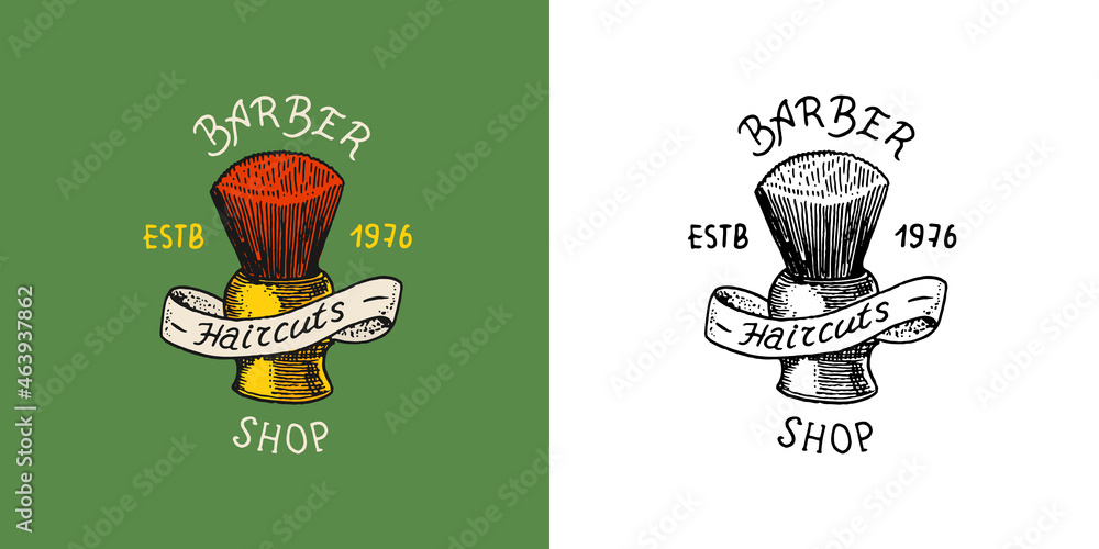 Brush for shaving. Barber shop badge and label, logo and hipster emblems. Haircut of beard and mustache. Tools for man icon. Engraved hand drawn in old vintage sketch. Brush for shaving. Barber shop badge and label, logo and hipster emblems. Haircut of beard and mustache. Tools for man icon. Engraved hand drawn in old vintage sketch.